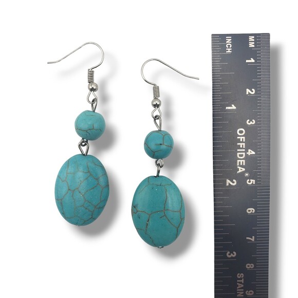 Blue Turquoise Tone Smooth Stone Double Dangle Drop Silver Tone Hook Earrings - Picture 5 of 5